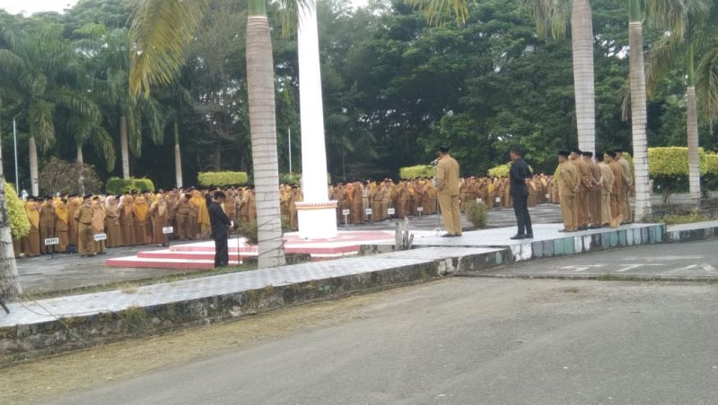 Bupati Halmahera Selatan, Hasan Ali Bassam Kasuba, memimpin apel mingguan di Lapangan Upacara Kantor Bupati, didampingi Asisten I, II, dan III, yang diikuti seluruh pimpinan OPD, ASN, serta PPPK di lingkungan Pemerintah (Foto/Ardian)