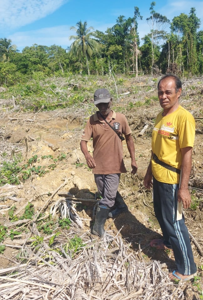 Pemilik lahan Desa Soligi, Alimusu (kanan), menunjukkan lokasi kebunnya yang diduga dijual sepihak oleh Kepala Desa Kawasi, sementara Alwani (depan) berdiri di atas lahannya seluas sekitar setengah hektare yang terdampak penggusuran tanpa kejelasan tanggung jawab dari Pemerintah Desa maupun PT Harita Group.