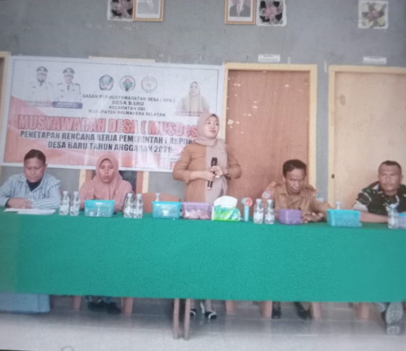 Pelaksanaan Musyawarah Desa (Musdes) RKPDes Desa Baru, Kecamatan Obi, Kabupaten Halmahera Selatan, Senin (2/2/2026), yang membahas perencanaan pembangunan desa tahun anggaran berjalan. (Foto/Istimewa)