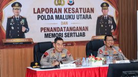 Kapolda Maluku Utara Brigjen Pol. Arif Budiman, S.I.K., M.H., menghadiri kegiatan Penyampaian Laporan Kesatuan Polda Maluku Utara di Rupattama Polda Malut, Sabtu (23/5/2026), dalam suasana penuh semangat dan kebersamaan bersama jajaran Polda Malut (Foto/Humas Polda Malut)