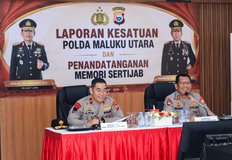 Kapolda Maluku Utara Brigjen Pol. Arif Budiman, S.I.K., M.H., menghadiri kegiatan Penyampaian Laporan Kesatuan Polda Maluku Utara di Rupattama Polda Malut, Sabtu (23/5/2026), dalam suasana penuh semangat dan kebersamaan bersama jajaran Polda Malut (Foto/Humas Polda Malut)